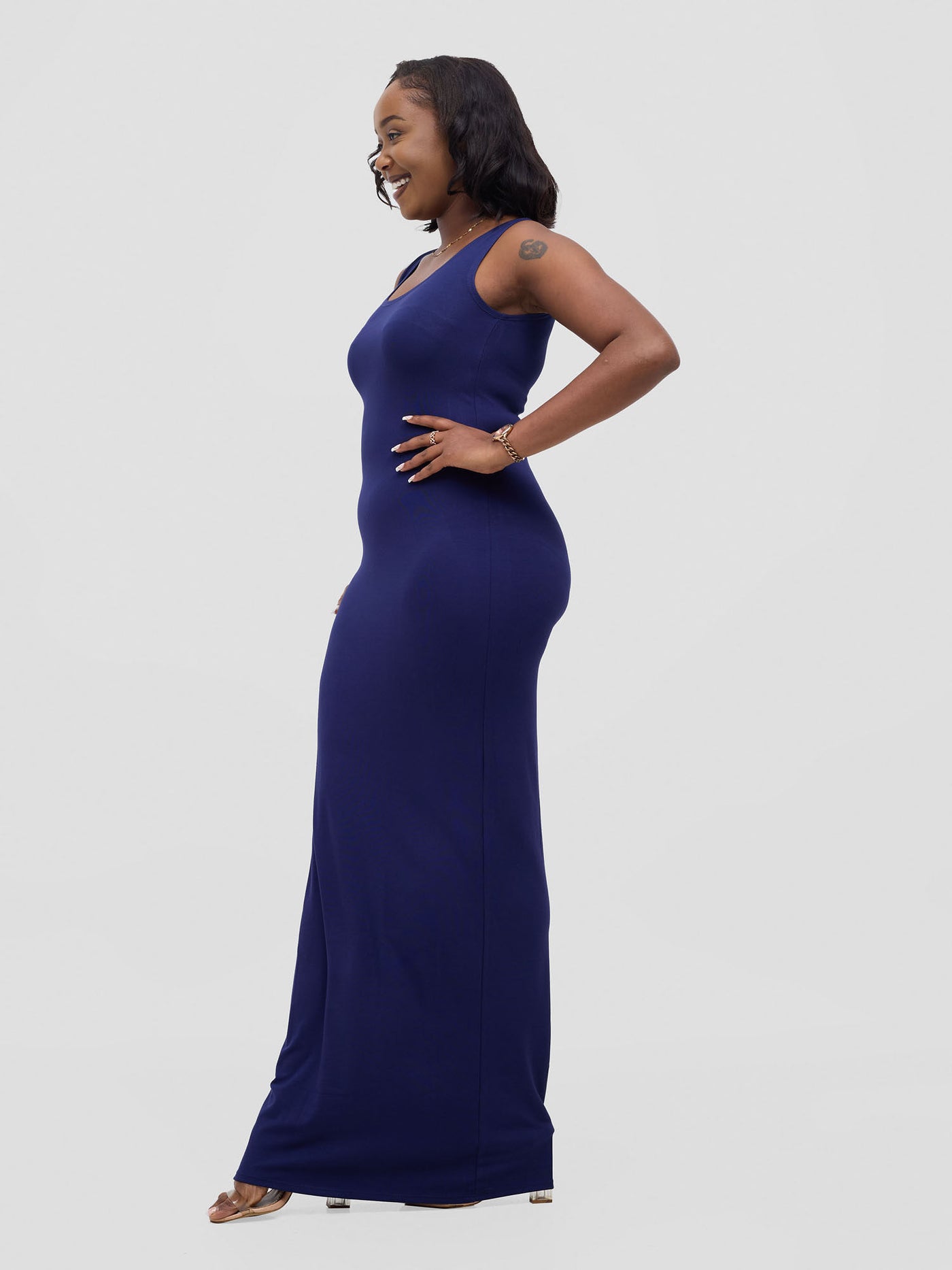 Basic Straight Maxi Dress - Navy Blue