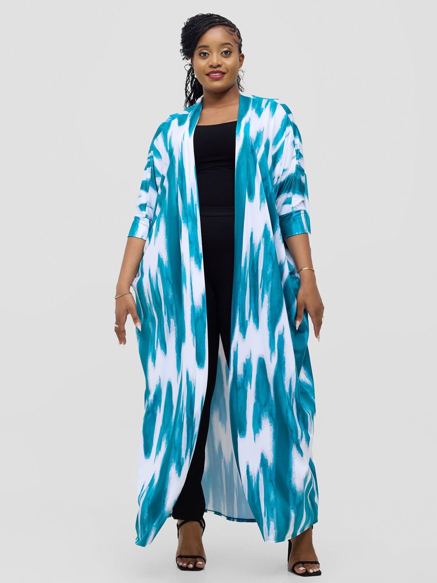 Vivo Nkasi Maxi Kimono - White / Teal Shibori Print - Shopzetu