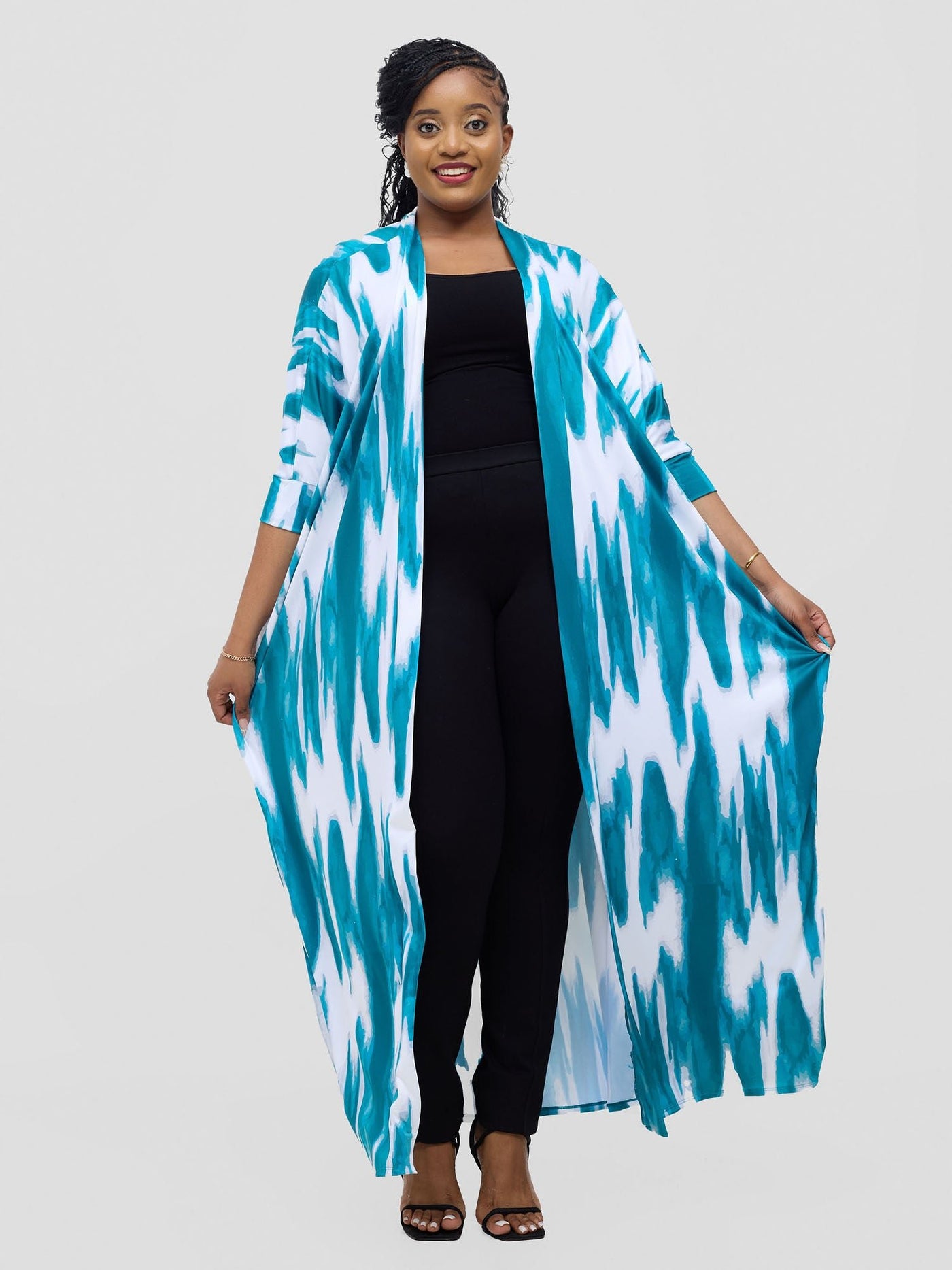 Vivo Nkasi Maxi Kimono - White / Teal Shibori Print - Shopzetu