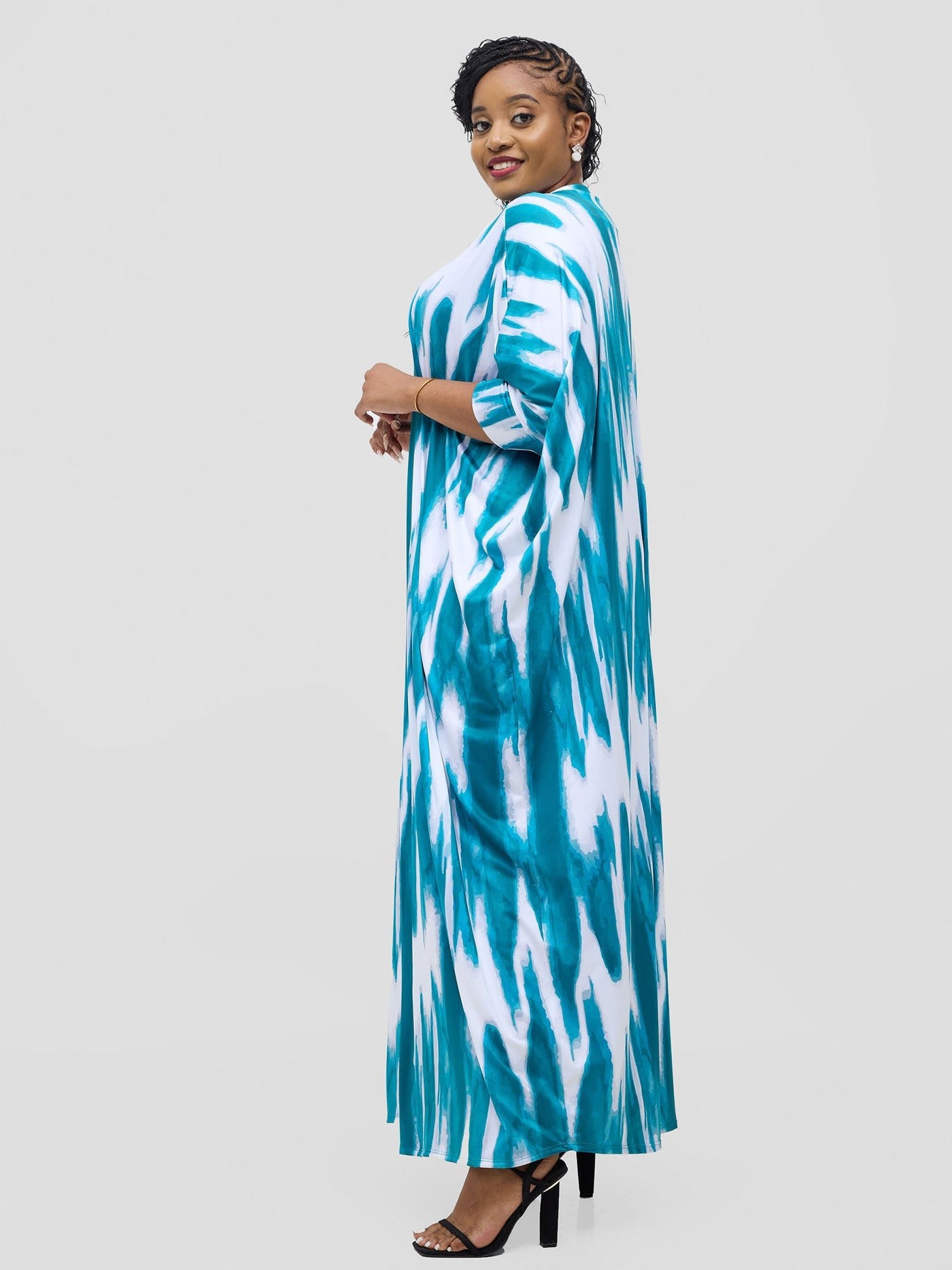 Vivo Nkasi Maxi Kimono - White / Teal Shibori Print - Shopzetu