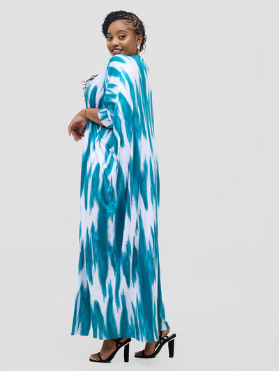 Vivo Nkasi Maxi Kimono - White / Teal Shibori Print - Shopzetu