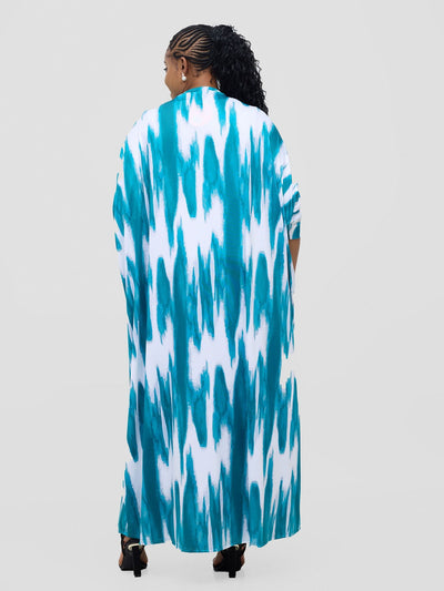 Vivo Nkasi Maxi Kimono - White / Teal Shibori Print - Shopzetu