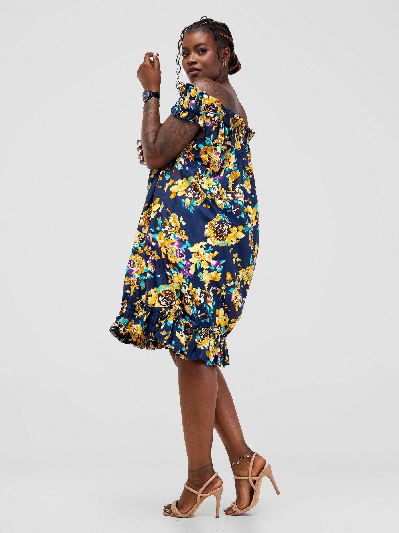 PrettyGline Ankara Balloon Dress - Blue/Yellow - Shopzetu