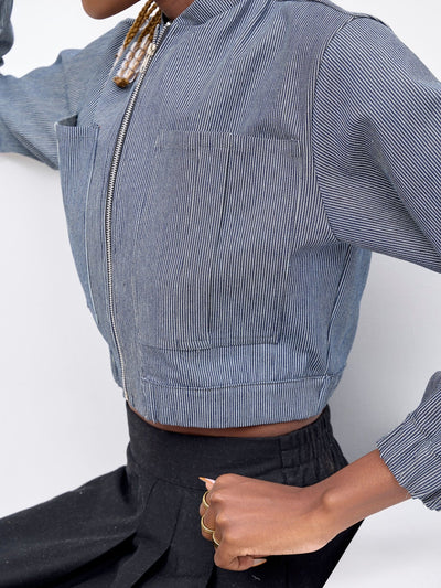 Zoya X Metamorphisized 143 Cropped Bomber Jacket - Denim Stripes - Shopzetu