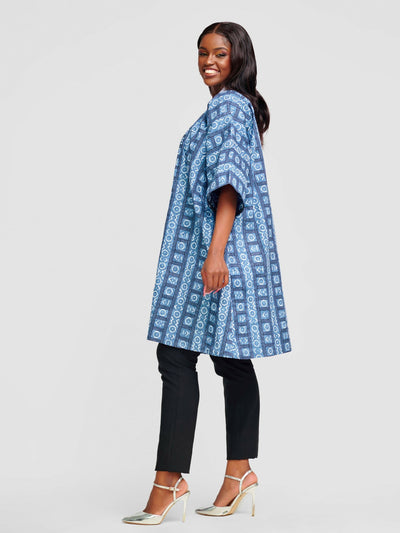 Tuli Nkatha Ankara Print With Button Strand Kimono - Blue / White - Shopzetu