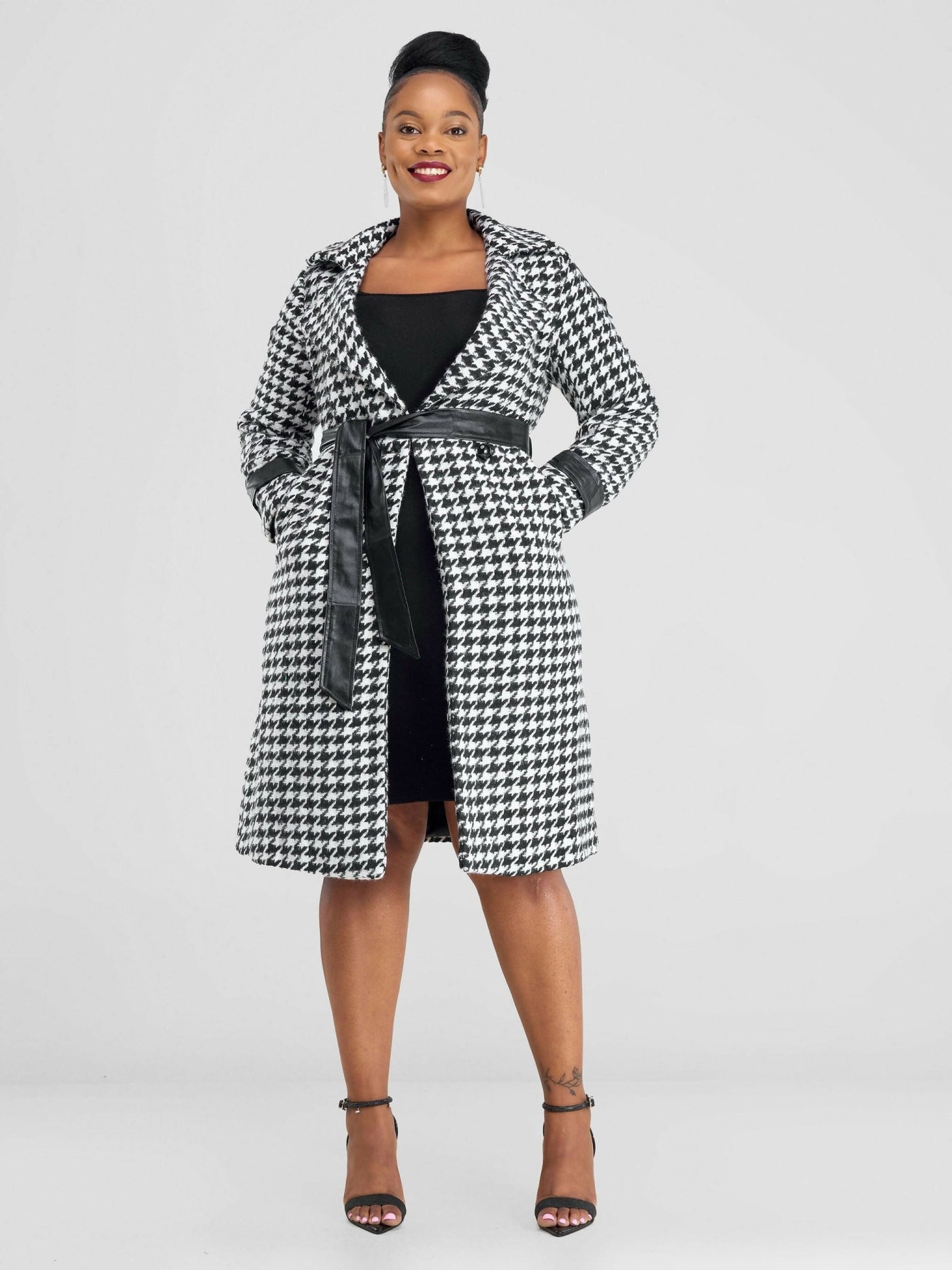 Stylish Sisters Houndstooth Trench coat Jacket - Black / White - Shopzetu