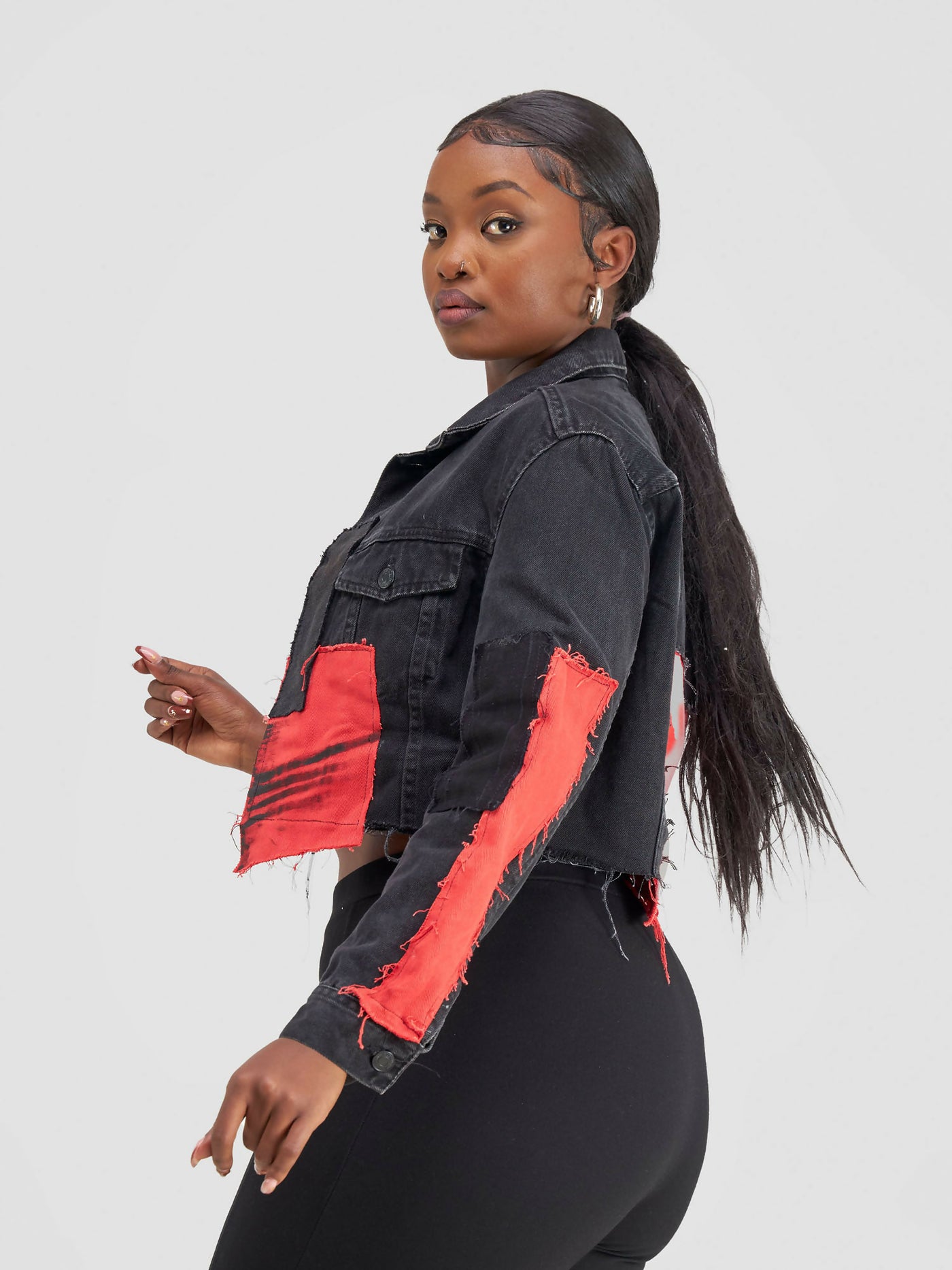 4Mtaa Cropped Denim Jacket - Black / Red