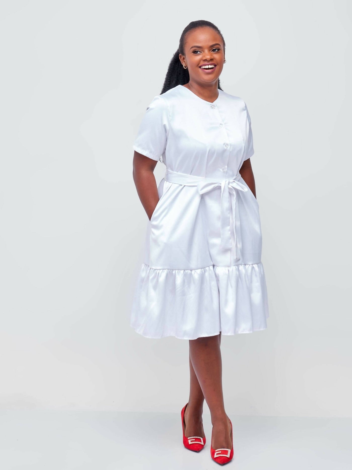 Lizola Fancy Silk with Button Dress - White - Shopzetu