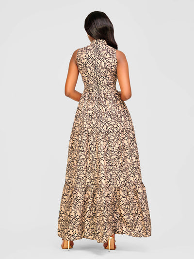 Tuli Karimi Tiered Maxi Dress - Brown / Black Print - Shopzetu