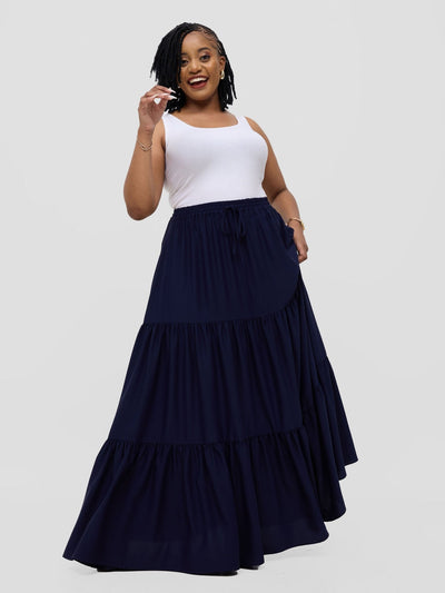 Vivo Serwa Tiered Maxi Skirt - Navy - Shopzetu