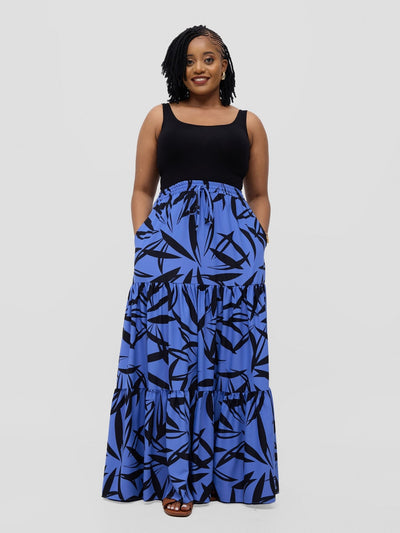 Vivo Serwa Tiered Maxi Skirt - Blue / Black Wera Print - Shopzetu