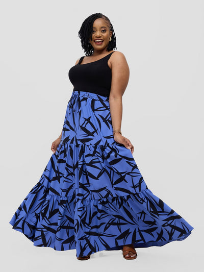 Vivo Serwa Tiered Maxi Skirt - Blue / Black Wera Print - Shopzetu