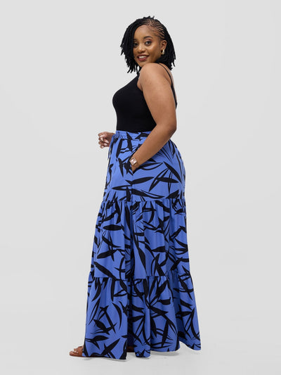 Vivo Serwa Tiered Maxi Skirt - Blue / Black Wera Print - Shopzetu