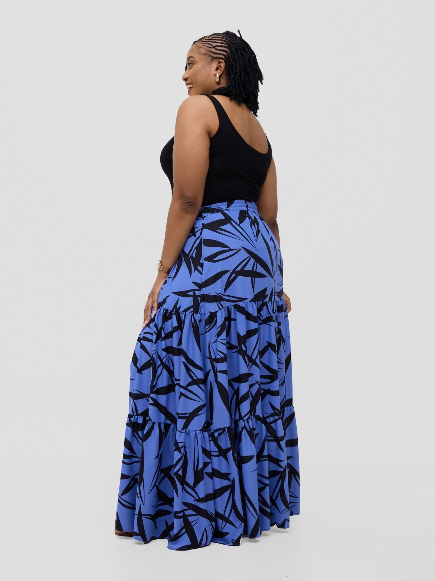 Vivo Serwa Tiered Maxi Skirt - Blue / Black Wera Print - Shopzetu