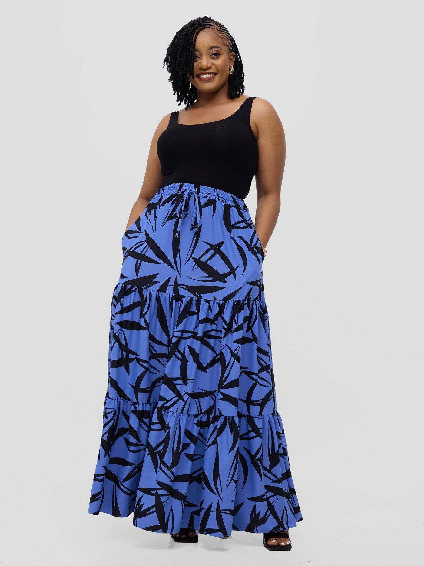 Vivo Serwa Tiered Maxi Skirt - Blue / Black Wera Print - Shopzetu