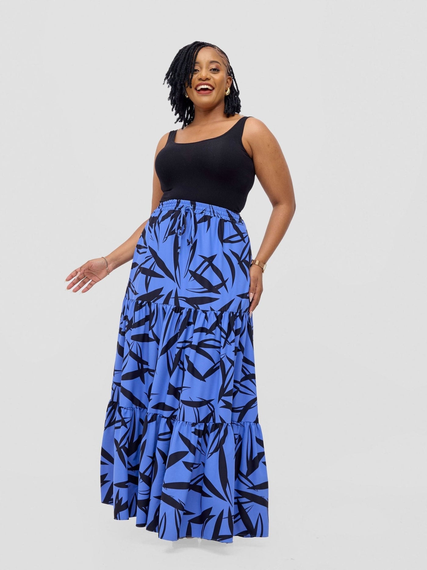 Vivo Serwa Tiered Maxi Skirt - Blue / Black Wera Print - Shopzetu