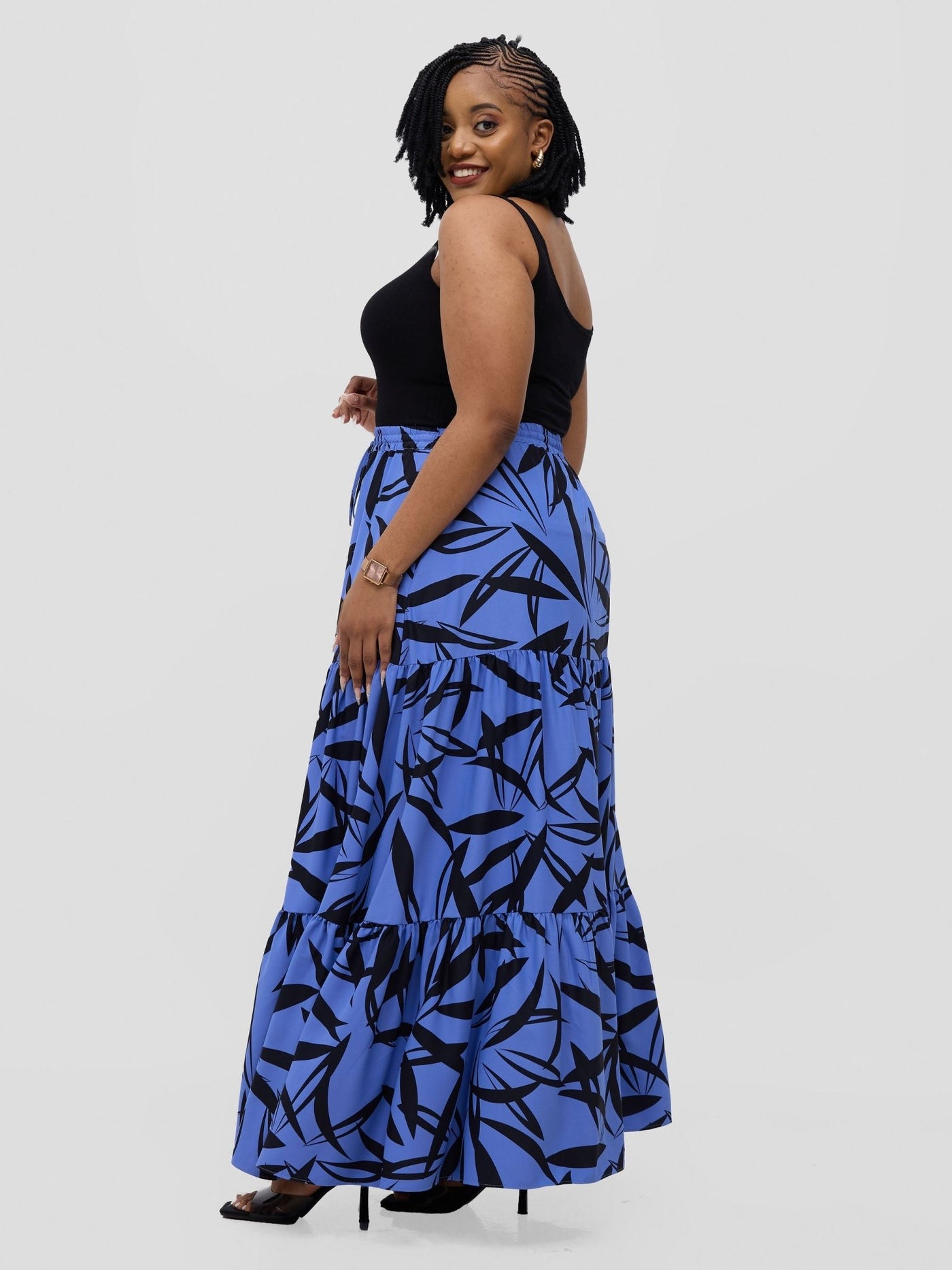 Vivo Serwa Tiered Maxi Skirt - Blue / Black Wera Print - Shopzetu