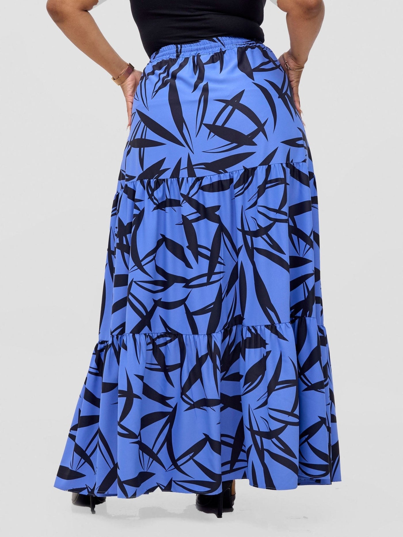 Vivo Serwa Tiered Maxi Skirt - Blue / Black Wera Print - Shopzetu