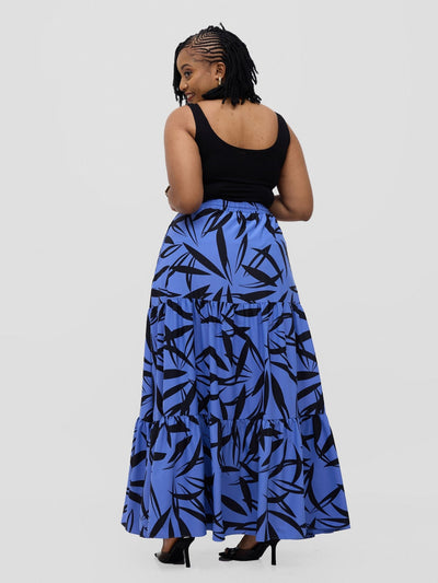 Vivo Serwa Tiered Maxi Skirt - Blue / Black Wera Print - Shopzetu