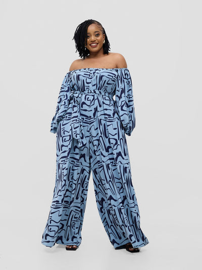 Vivo Serwa Wide Leg Jumpsuit - Baby Blue / Navy Sera Print - Shopzetu