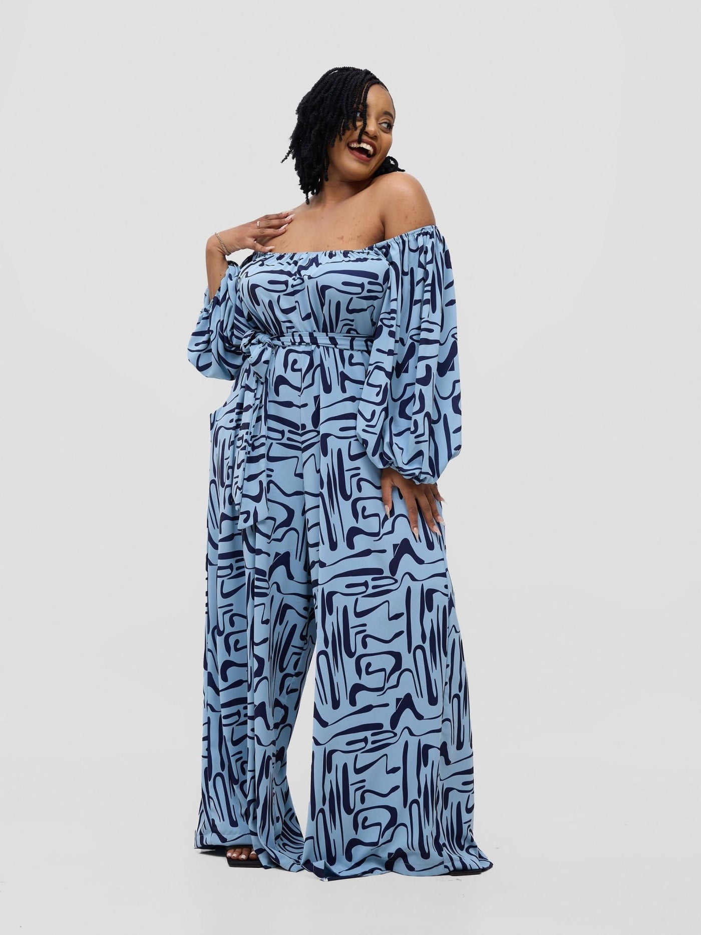 Vivo Serwa Wide Leg Jumpsuit - Baby Blue / Navy Sera Print - Shopzetu