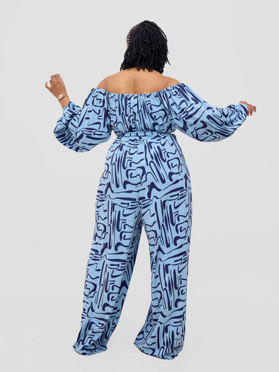 Vivo Serwa Wide Leg Jumpsuit - Baby Blue / Navy Sera Print - Shopzetu