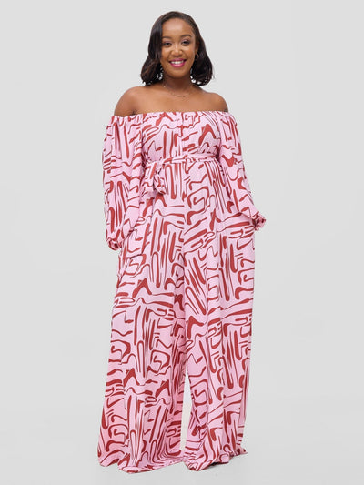 Vivo Serwa Wide Leg Jumpsuit - Pink / Rust Sera Print - Shopzetu