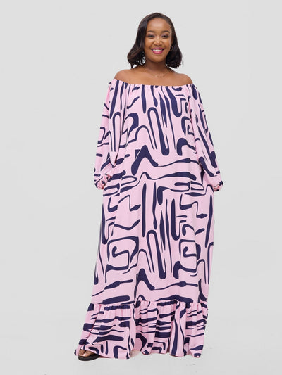 Vivo Serwa Square Neck Maxi Dress - Pink / Navy Sera Print - Shopzetu