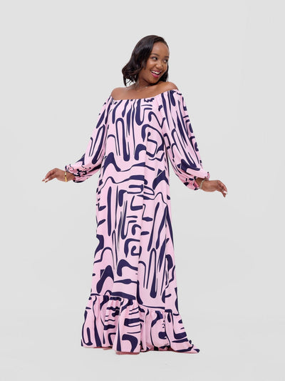 Vivo Serwa Square Neck Maxi Dress - Pink / Navy Sera Print - Shopzetu