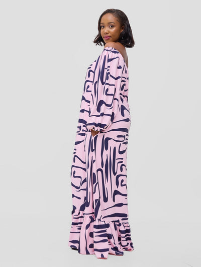 Vivo Serwa Square Neck Maxi Dress - Pink / Navy Sera Print - Shopzetu