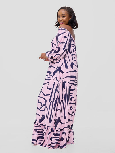 Vivo Serwa Square Neck Maxi Dress - Pink / Navy Sera Print - Shopzetu