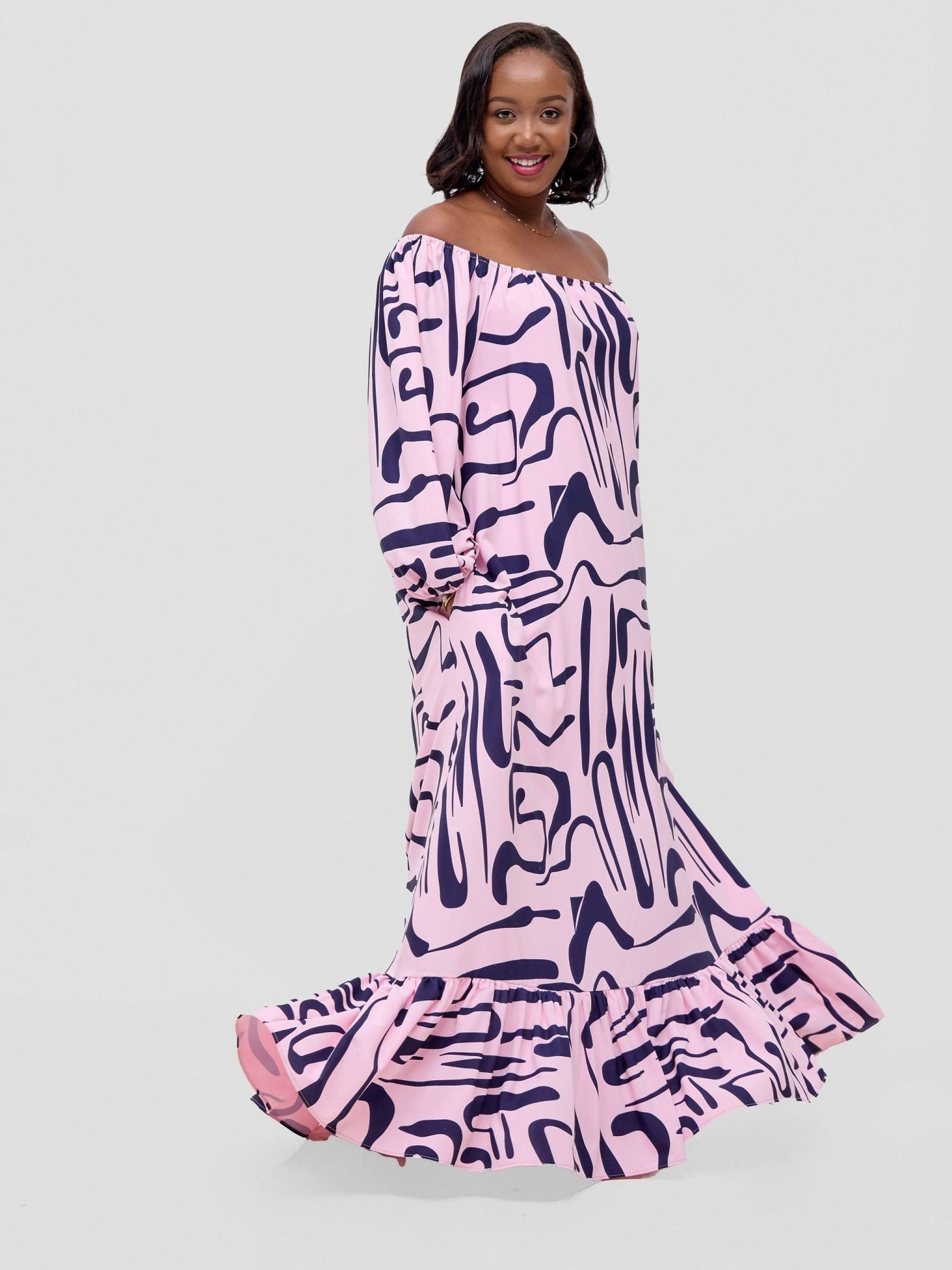 Vivo Serwa Square Neck Maxi Dress - Pink / Navy Sera Print - Shopzetu