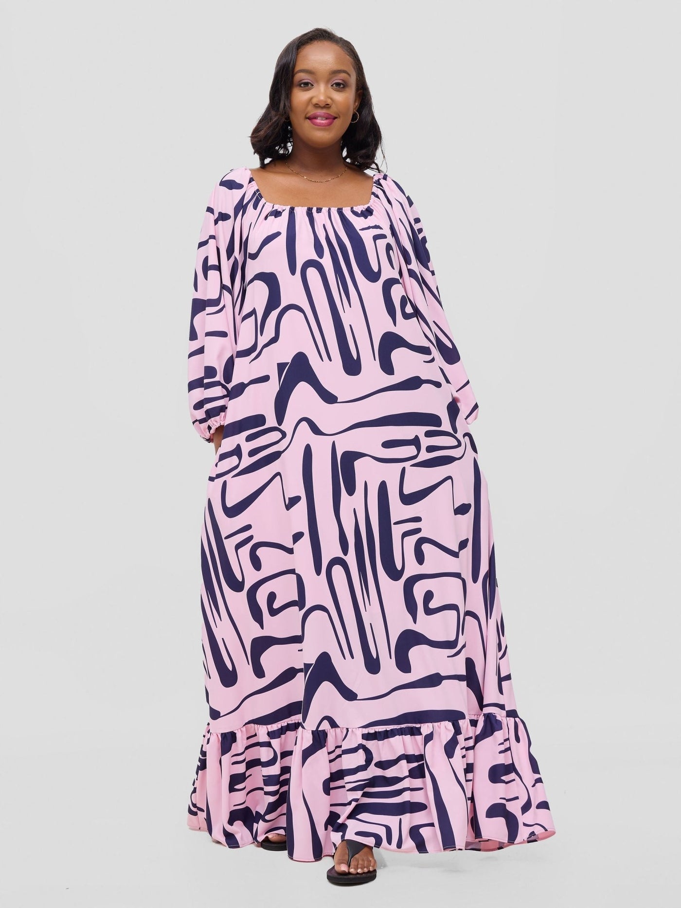 Vivo Serwa Square Neck Maxi Dress - Pink / Navy Sera Print - Shopzetu