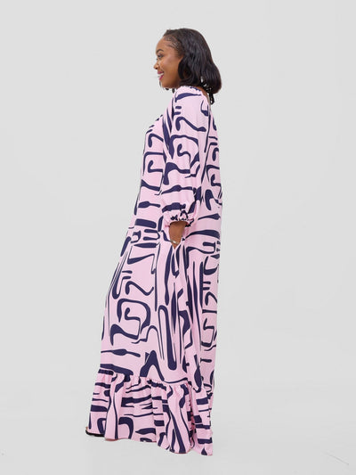 Vivo Serwa Square Neck Maxi Dress - Pink / Navy Sera Print - Shopzetu