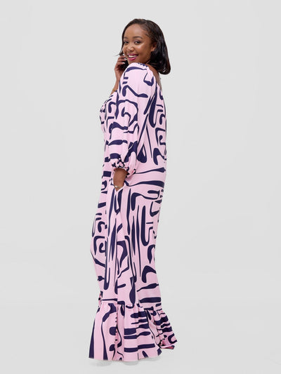 Vivo Serwa Square Neck Maxi Dress - Pink / Navy Sera Print - Shopzetu