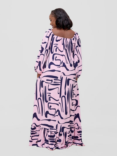 Vivo Serwa Square Neck Maxi Dress - Pink / Navy Sera Print - Shopzetu