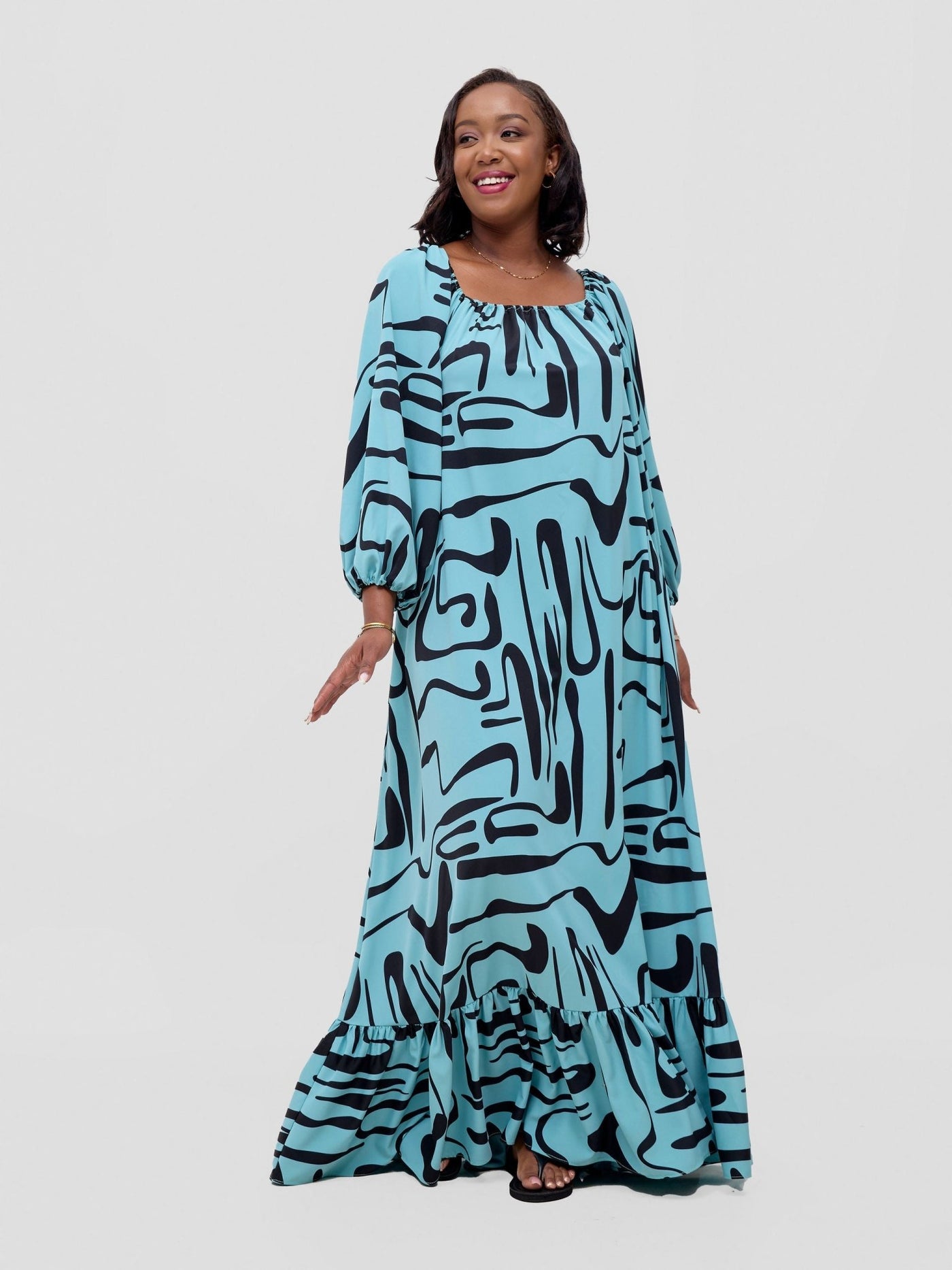 Vivo Serwa Square Neck Maxi Dress - Mint / Black Sera Print - Shopzetu