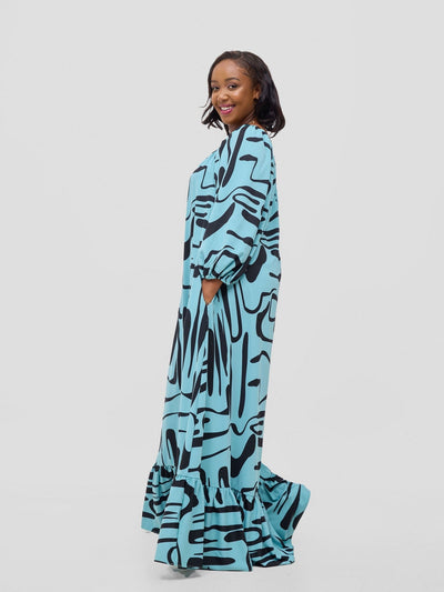 Vivo Serwa Square Neck Maxi Dress - Mint / Black Sera Print - Shopzetu