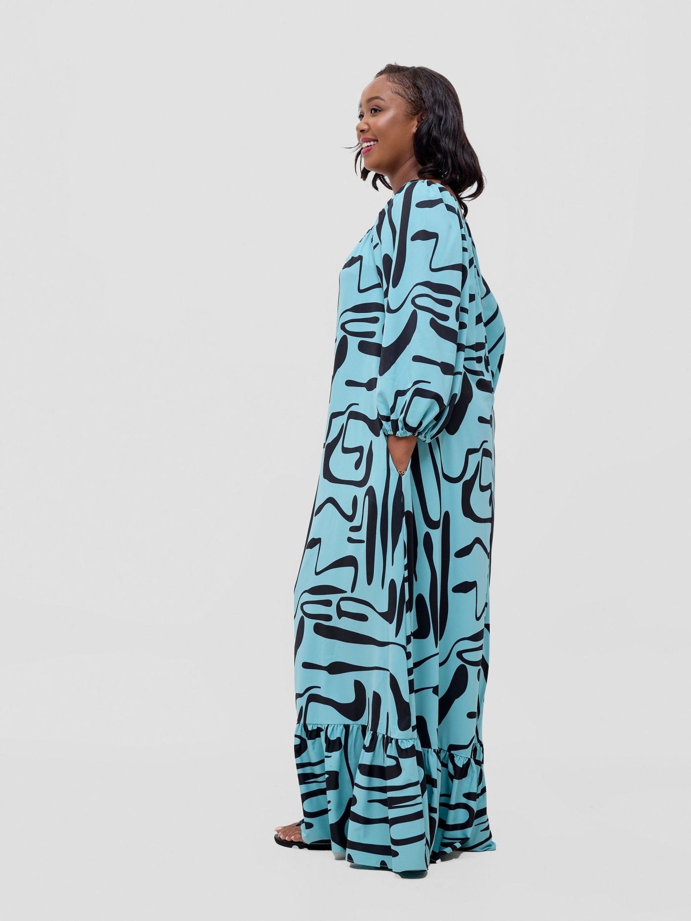 Vivo Serwa Square Neck Maxi Dress - Mint / Black Sera Print - Shopzetu