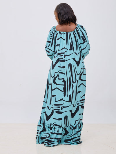 Vivo Serwa Square Neck Maxi Dress - Mint / Black Sera Print - Shopzetu