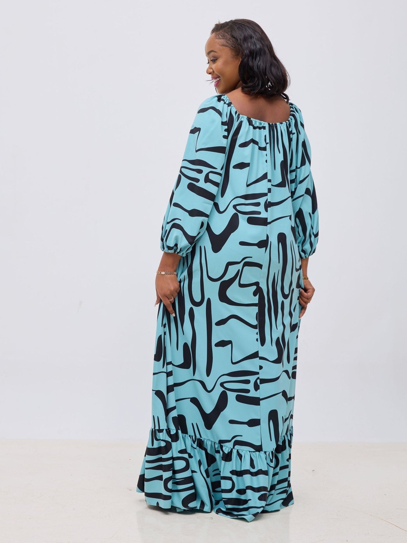 Vivo Serwa Square Neck Maxi Dress - Mint / Black Sera Print - Shopzetu