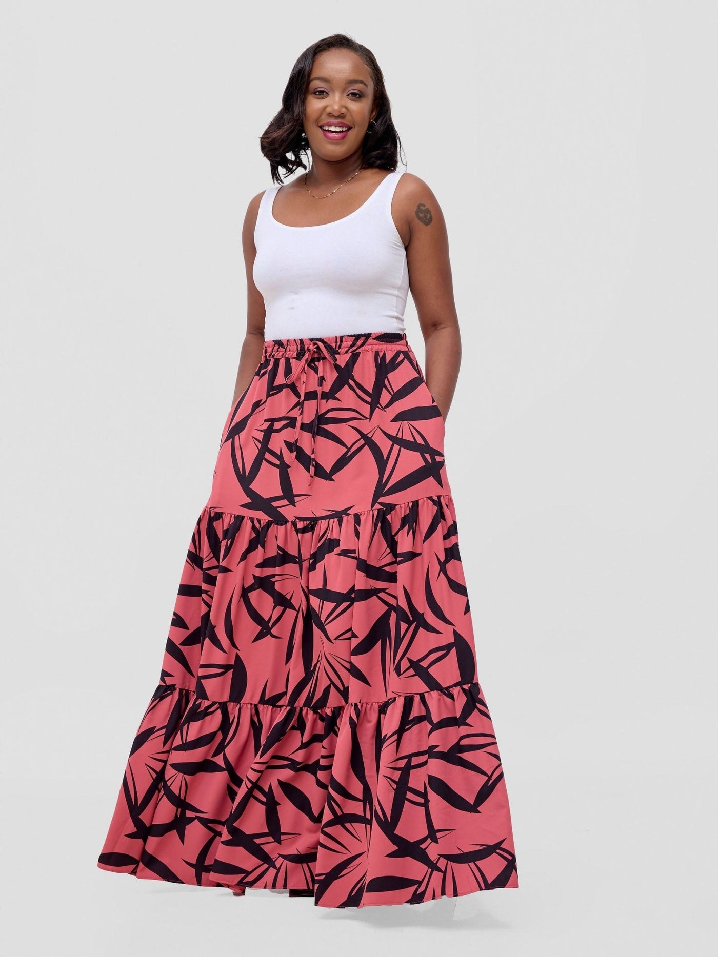 Vivo Serwa Tiered Maxi Skirt - Coral / Black Wera Print - Shopzetu