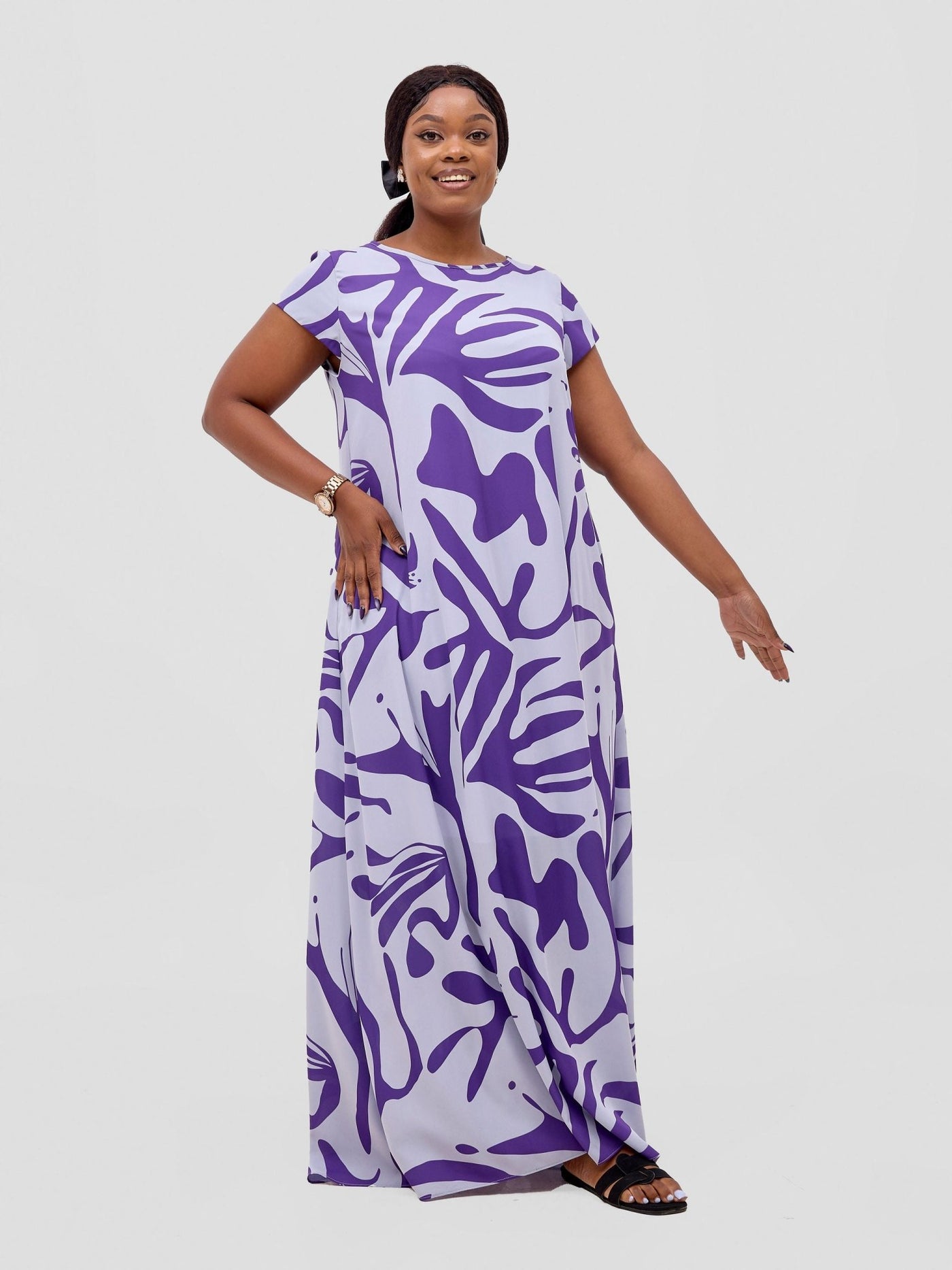 Vivo Basic Cap Sleeve Maxi Tent Dress - Grey / Purple Zari Print - Shopzetu