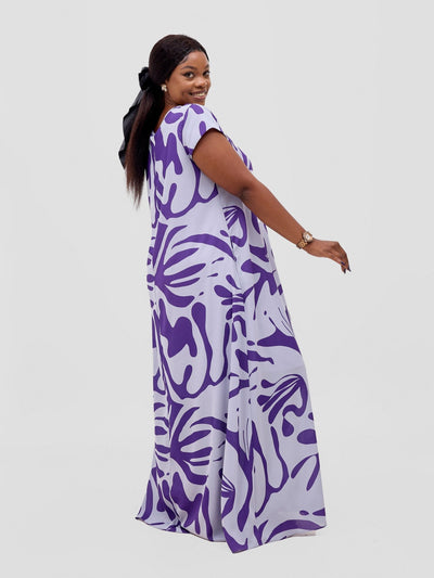 Vivo Basic Cap Sleeve Maxi Tent Dress - Grey / Purple Zari Print - Shopzetu