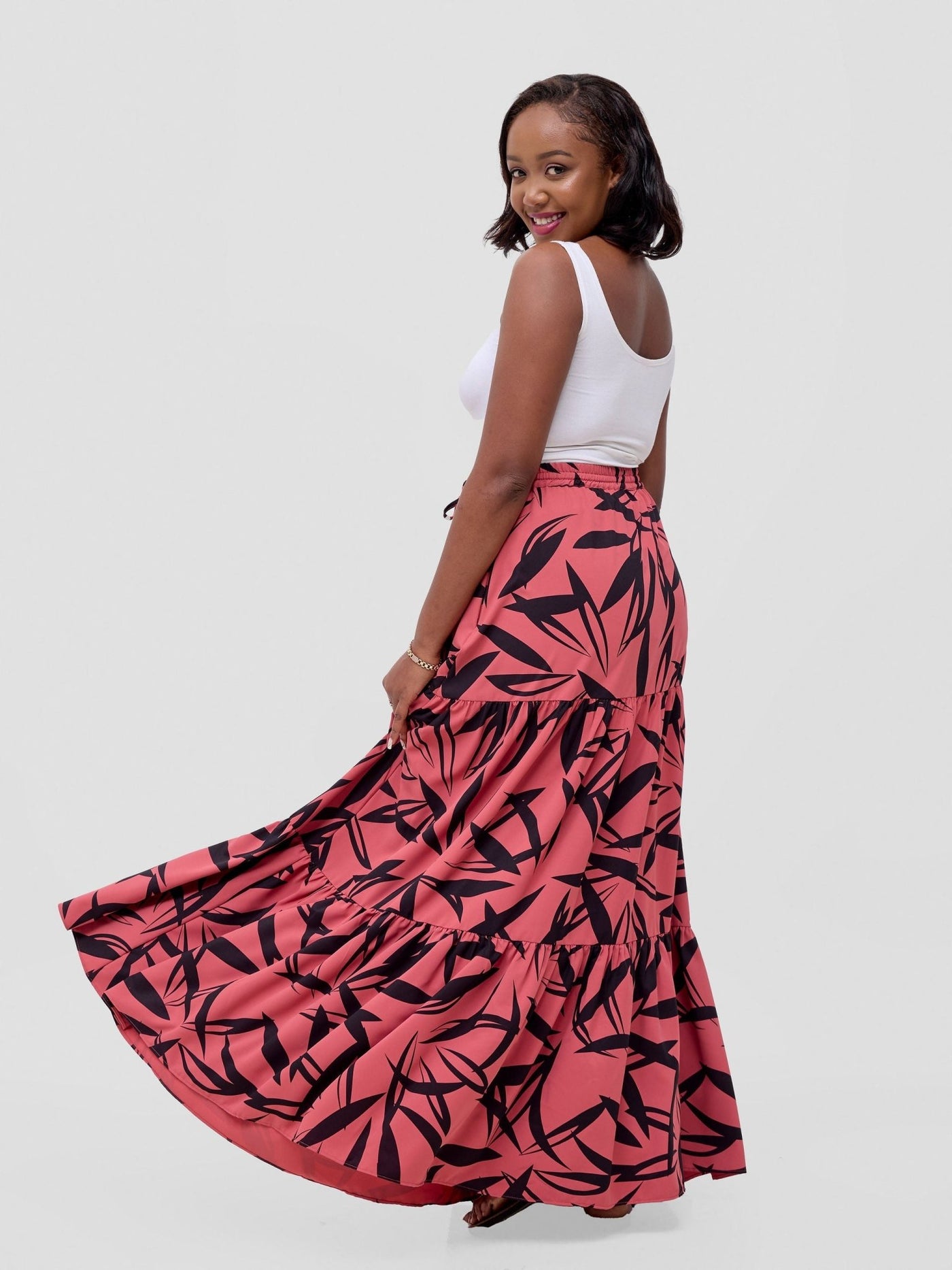 Vivo Serwa Tiered Maxi Skirt - Coral / Black Wera Print - Shopzetu