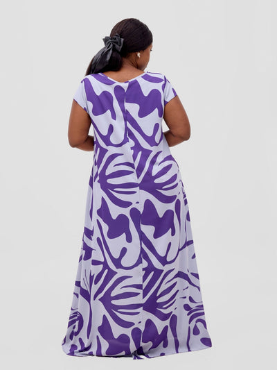 Vivo Basic Cap Sleeve Maxi Tent Dress - Grey / Purple Zari Print - Shopzetu