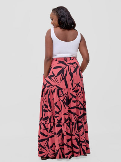 Vivo Serwa Tiered Maxi Skirt - Coral / Black Wera Print - Shopzetu