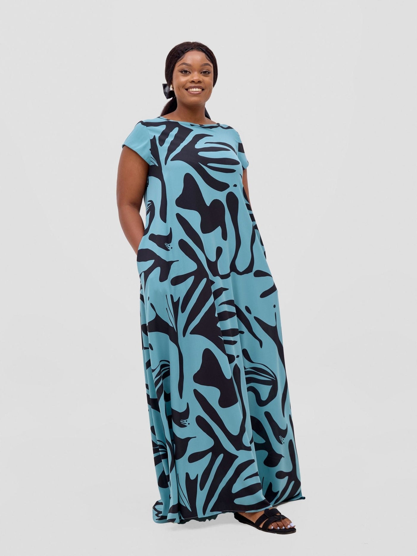 Vivo Basic Cap Sleeve Maxi Tent Dress - Mint / Black Zari Print - Shopzetu