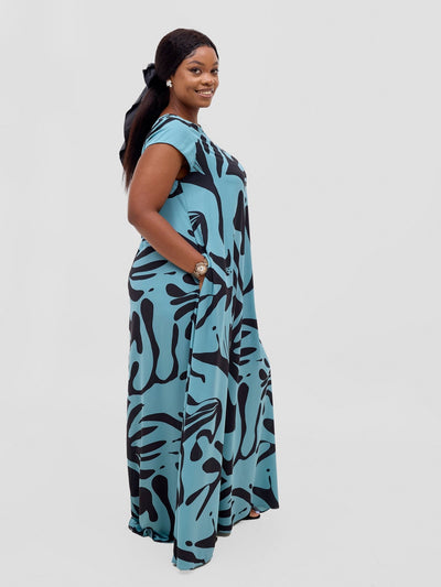 Vivo Basic Cap Sleeve Maxi Tent Dress - Mint / Black Zari Print - Shopzetu