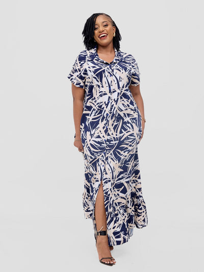 Vivo Asha Drop Shoulder Maxi Shirt Dress - Navy / Cream Bia Print - Shopzetu